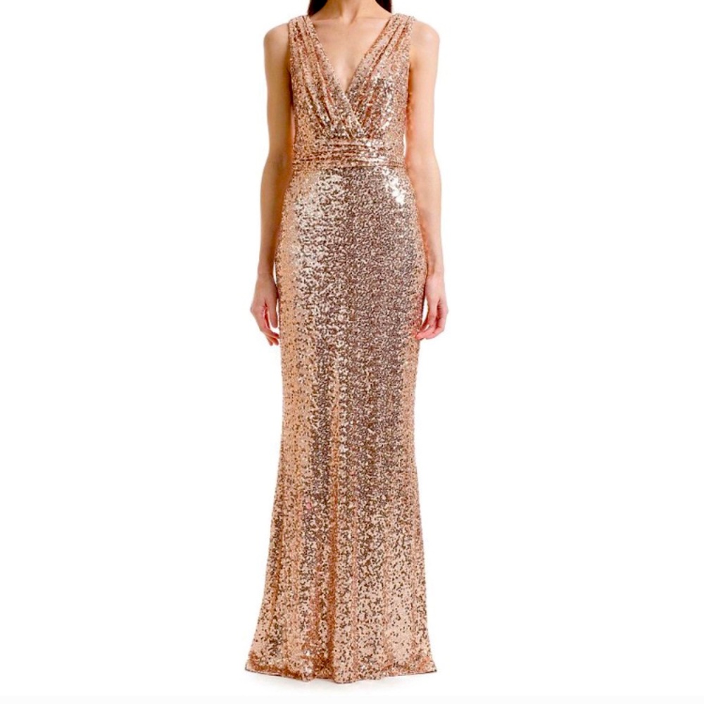 NWT Belle By Badgley Mischka Rose Gold Sequin Gown